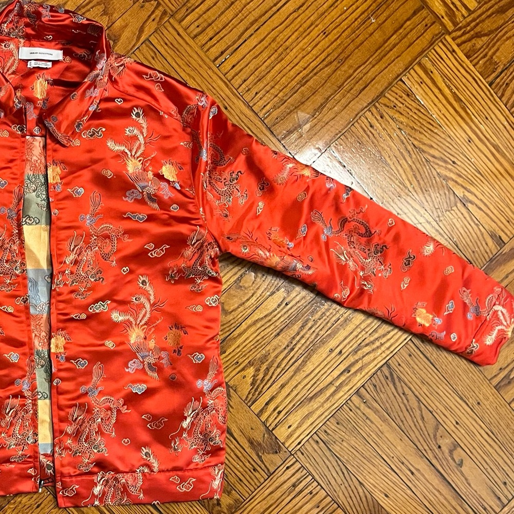Red Satin Unisex Dragon Pheonix Asian Print Zip Jacket